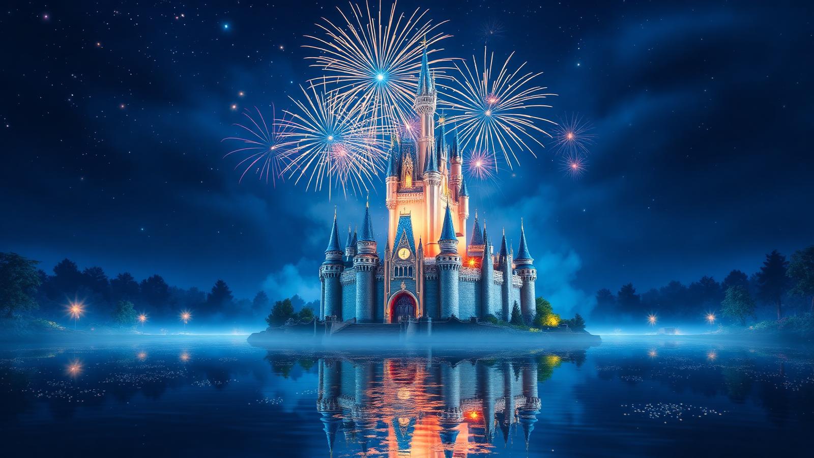 Magical castle at night with blue and gold fireworks bursting overhead