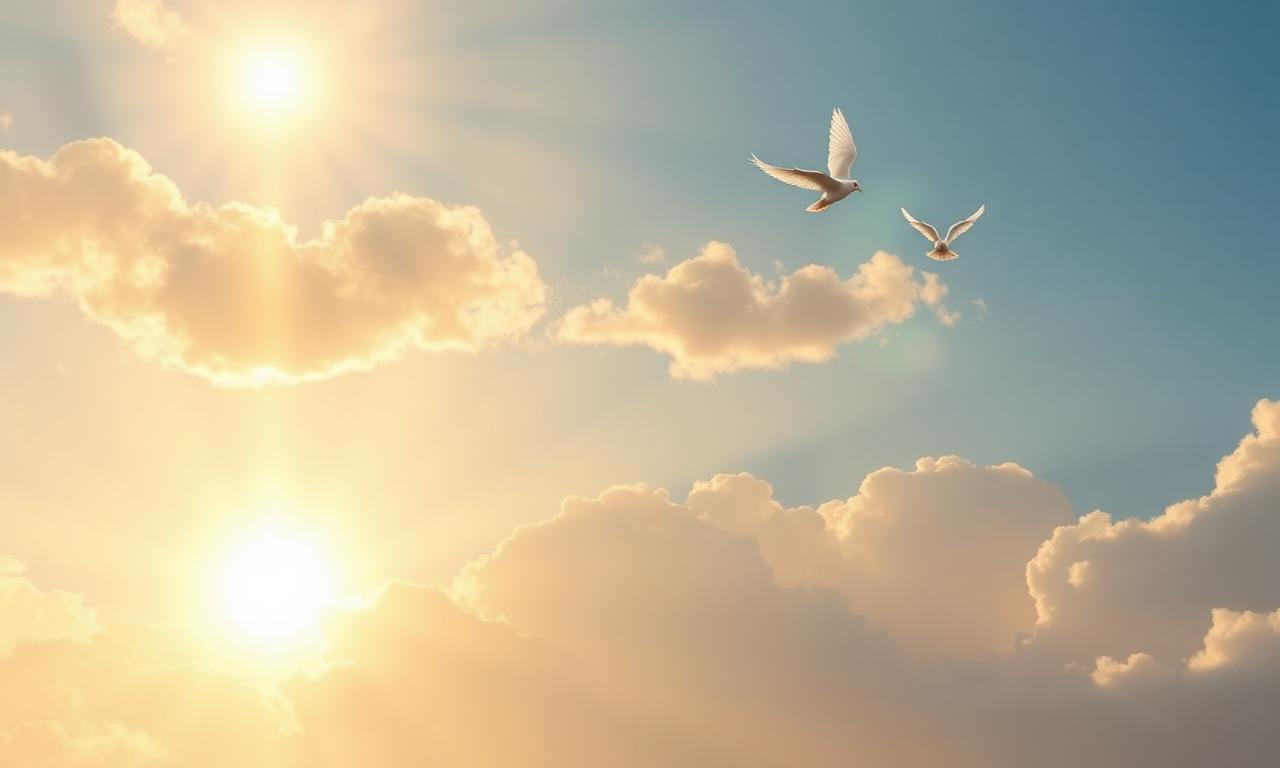 Golden light breaking through clouds with doves flying